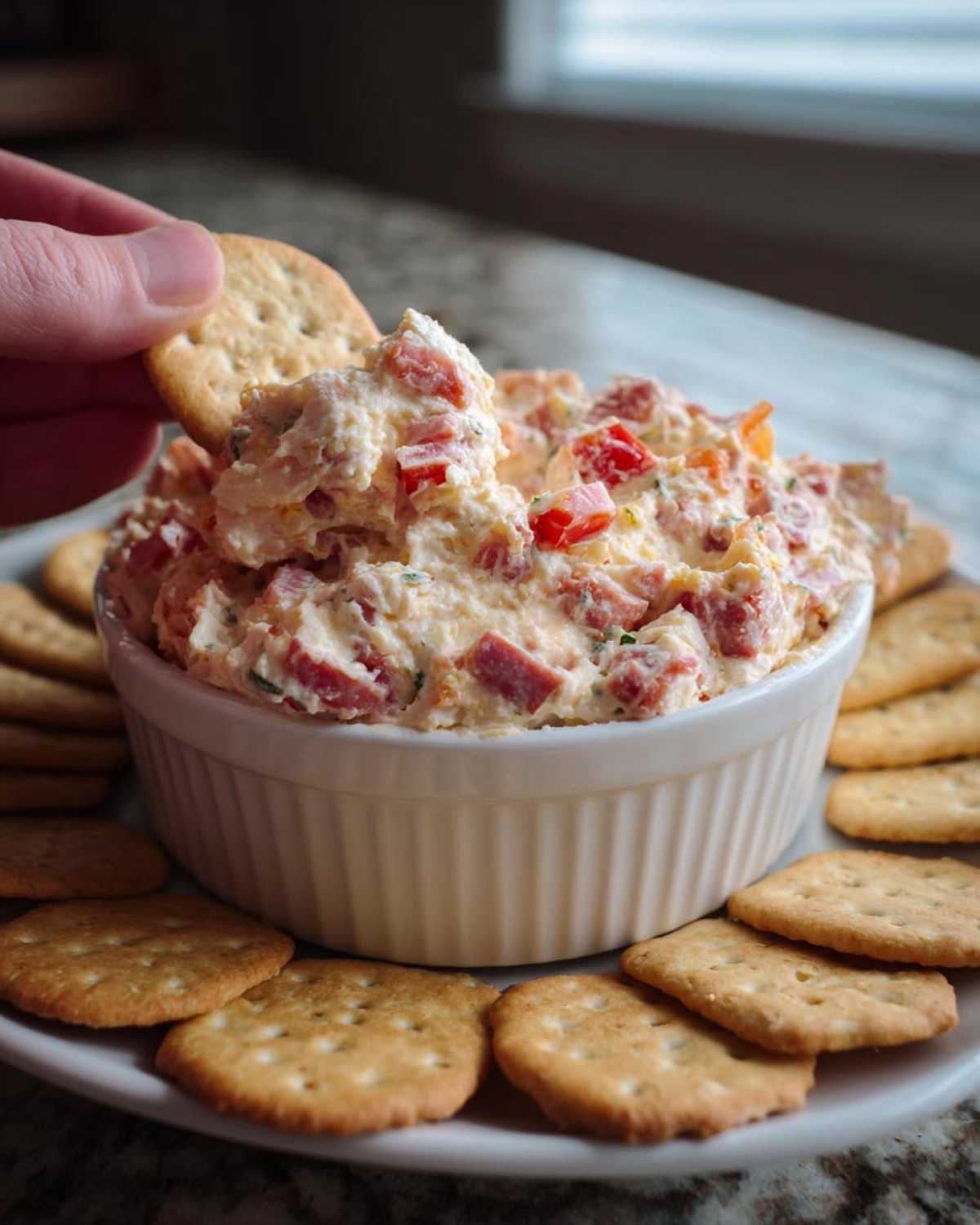 A hand scoops creamy hoagie dip mixed with meat and peppers onto a round cracker.