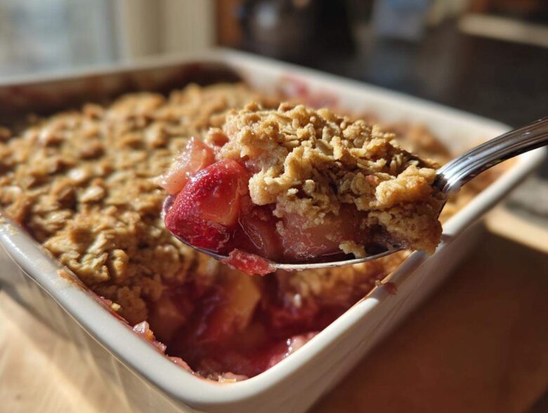 A spoonful of warm rhubarb crisp, showing the bubbly fruit filling and crunchy oat topping, lifted from a white baking dish.
