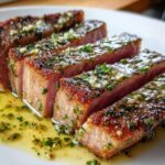 Four thick slices of perfectly seared tuna steak, showing a pink center, drizzled with garlic and herb butter.