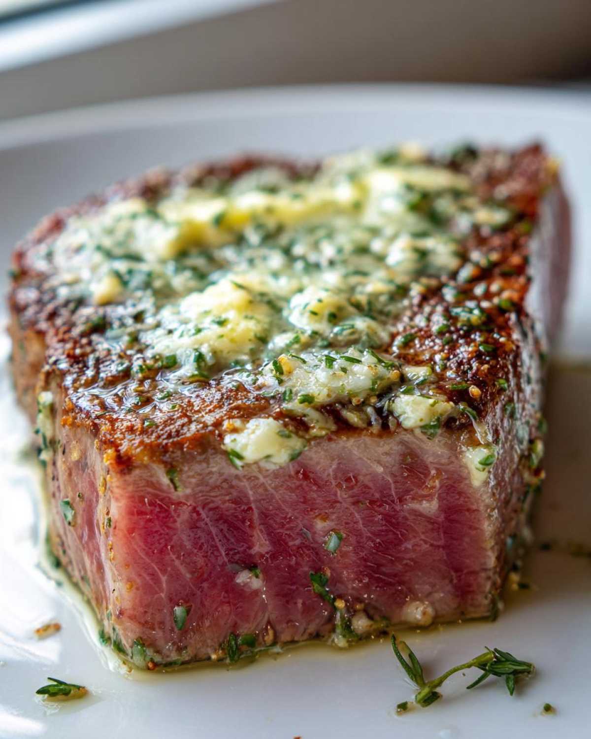 Close-up of a perfectly seared tuna steak, rare in the center, topped with melting herb butter.