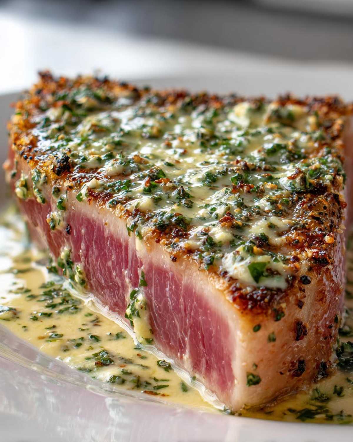 Close-up of a thick, perfectly seared tuna steak, rare in the center, topped with a vibrant herb butter sauce.