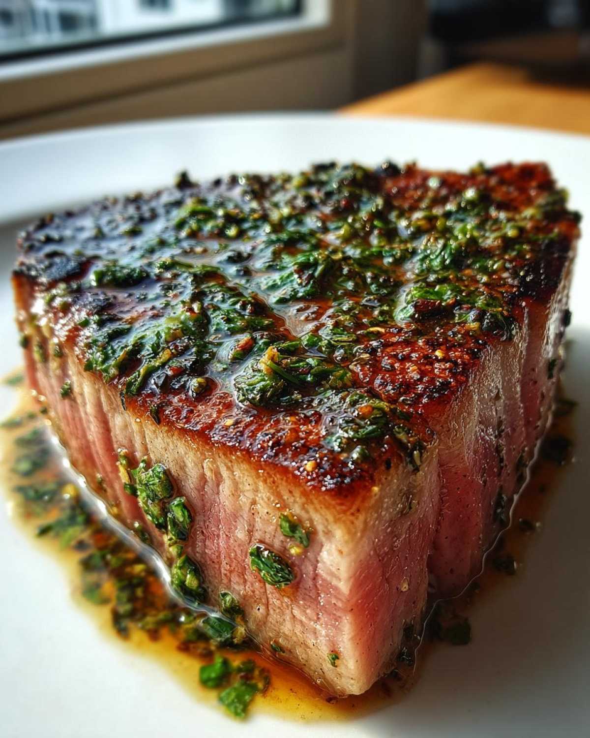 Close-up of a thick, perfectly seared tuna steak, medium-rare inside, topped with a vibrant green herb sauce.