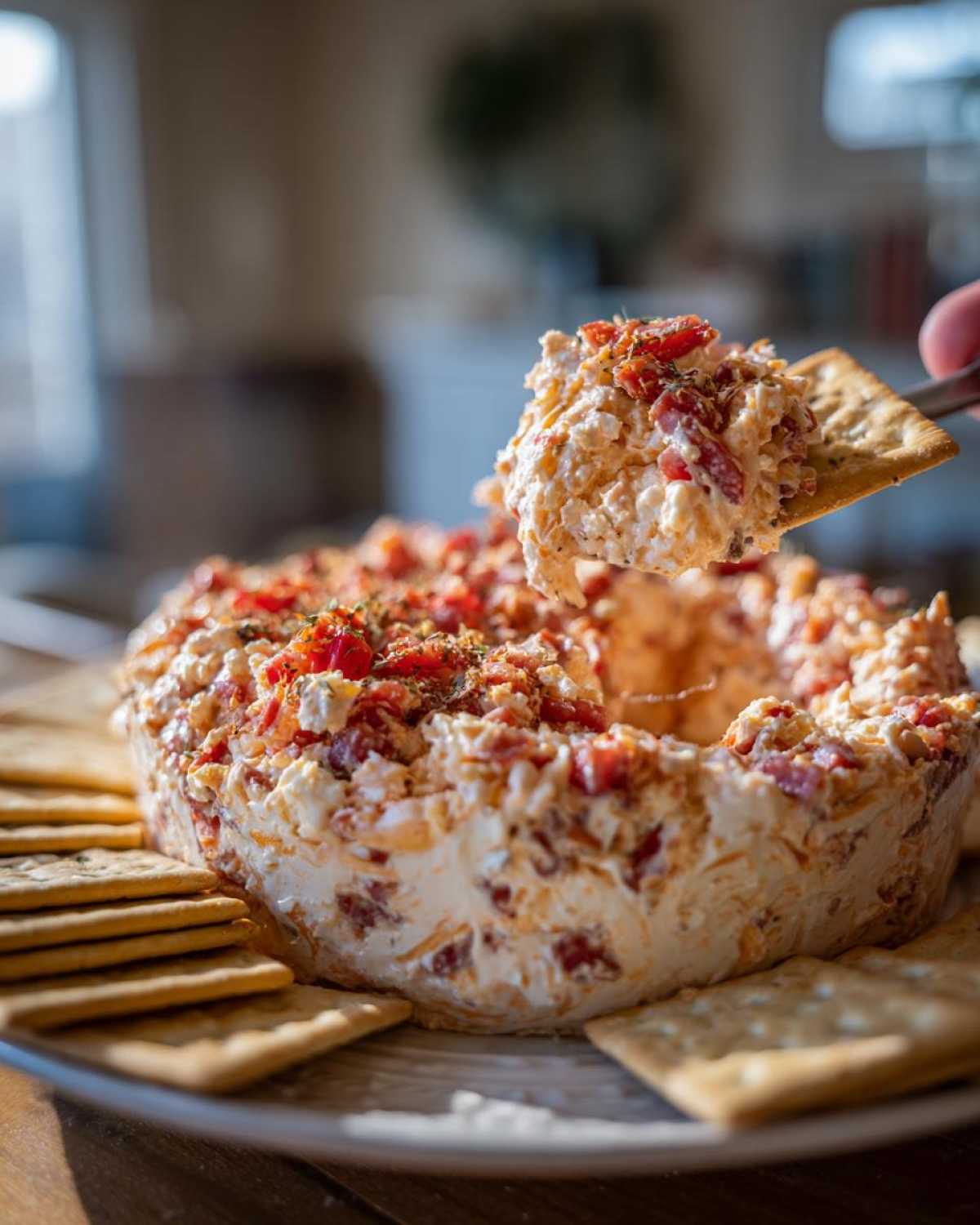 A hand scoops a portion of creamy hoagie dip onto a square cracker, surrounded by more dip and crackers.
