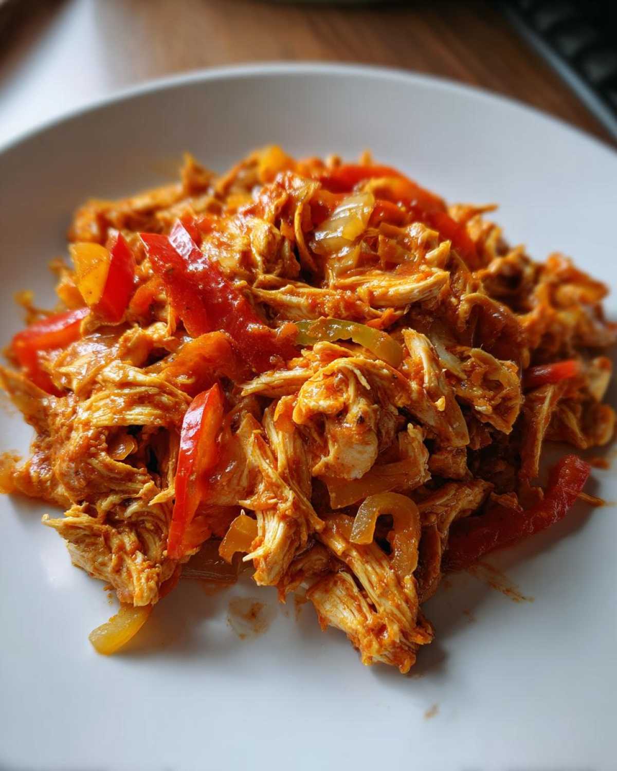 Close-up of shredded chicken mixed with red peppers and onions for crockpot chicken fajitas.