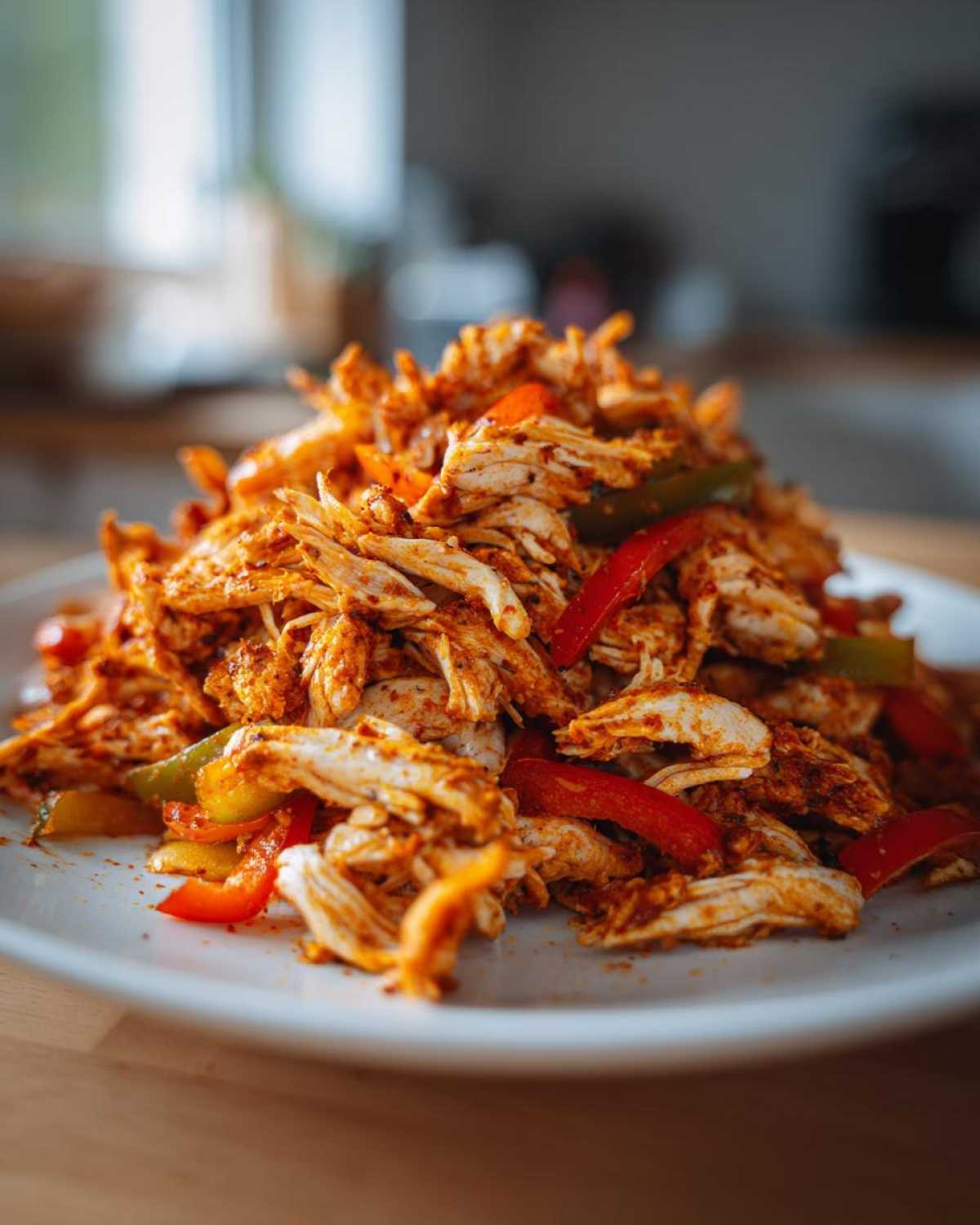A mound of shredded, seasoned chicken mixed with sliced red and green peppers, perfect for crockpot chicken fajitas.