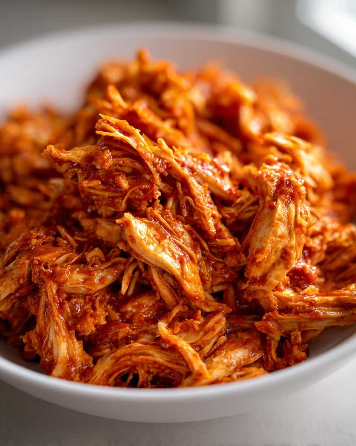 Close-up of moist, shredded chicken tinga coated in a rich, reddish-orange sauce, served in a white bowl.