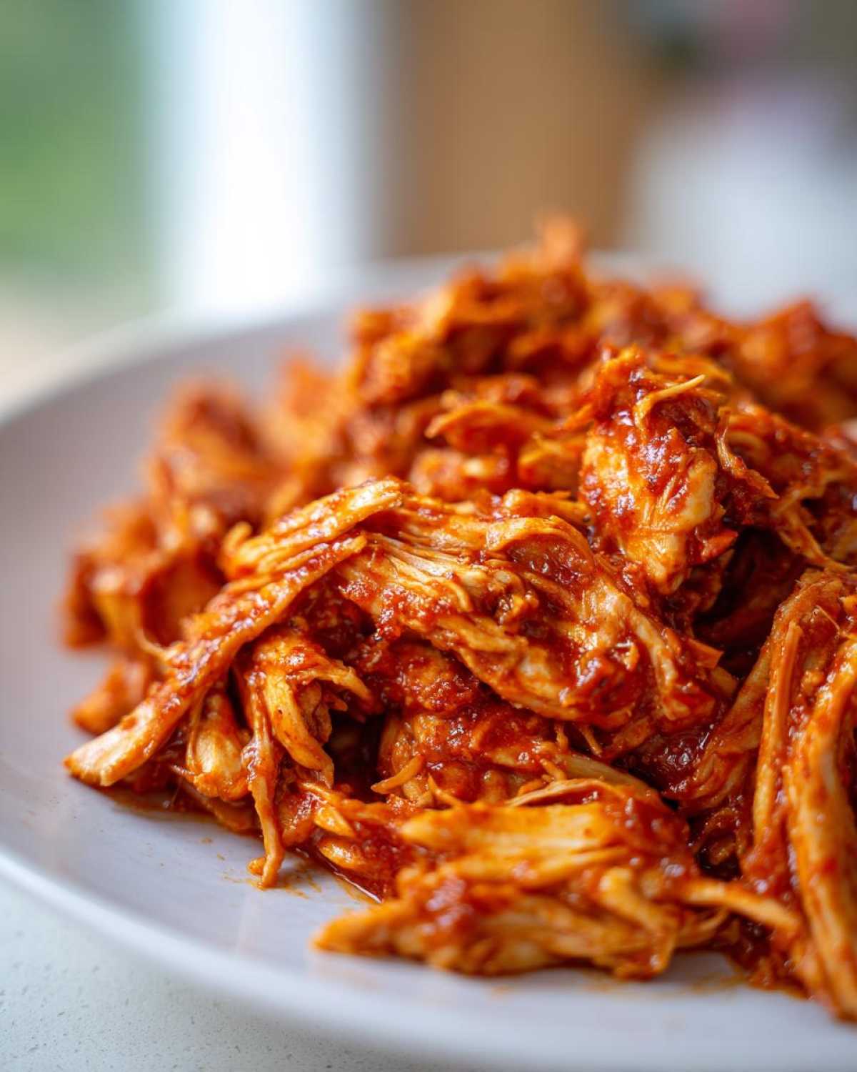 Close-up of richly sauced, shredded chicken tinga piled high on a white plate.