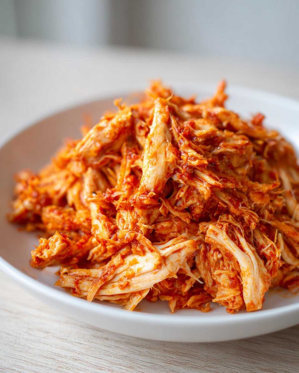 Close-up of shredded chicken tinga coated in a rich, red sauce, served in a white bowl.