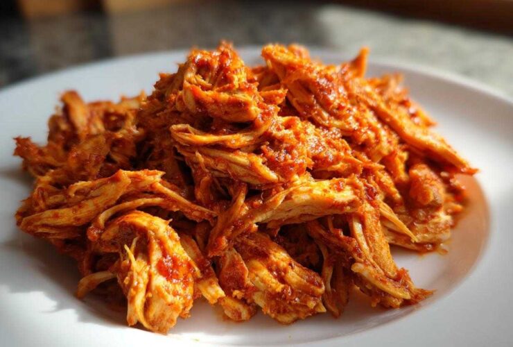 Close-up of richly sauced, shredded chicken tinga piled high on a white plate.