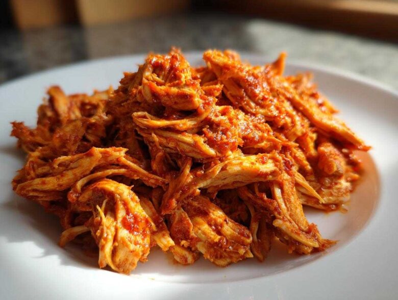 Close-up of richly sauced, shredded chicken tinga piled high on a white plate.