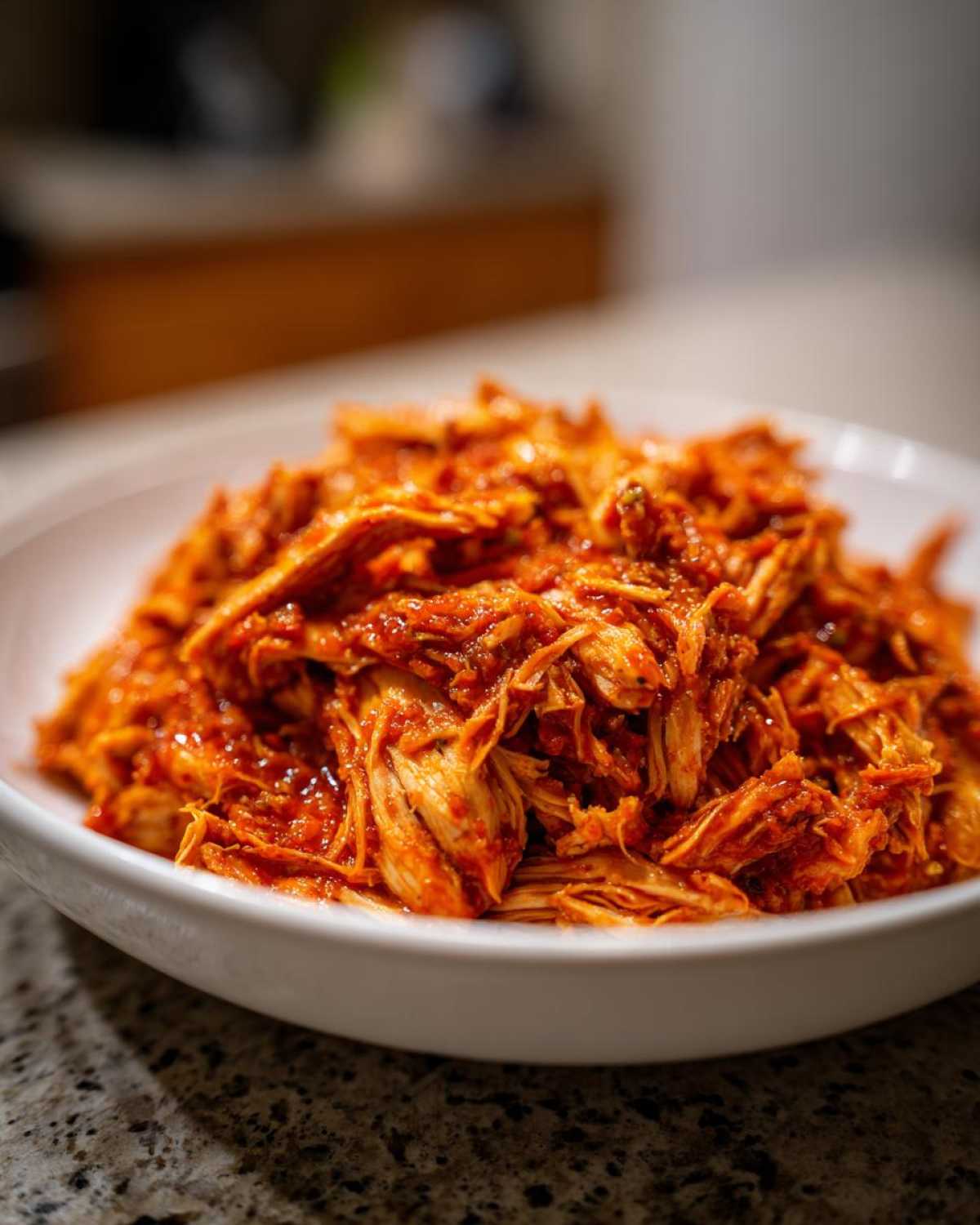 Close-up of shredded chicken tinga, coated in a rich, vibrant red sauce, served in a white bowl.