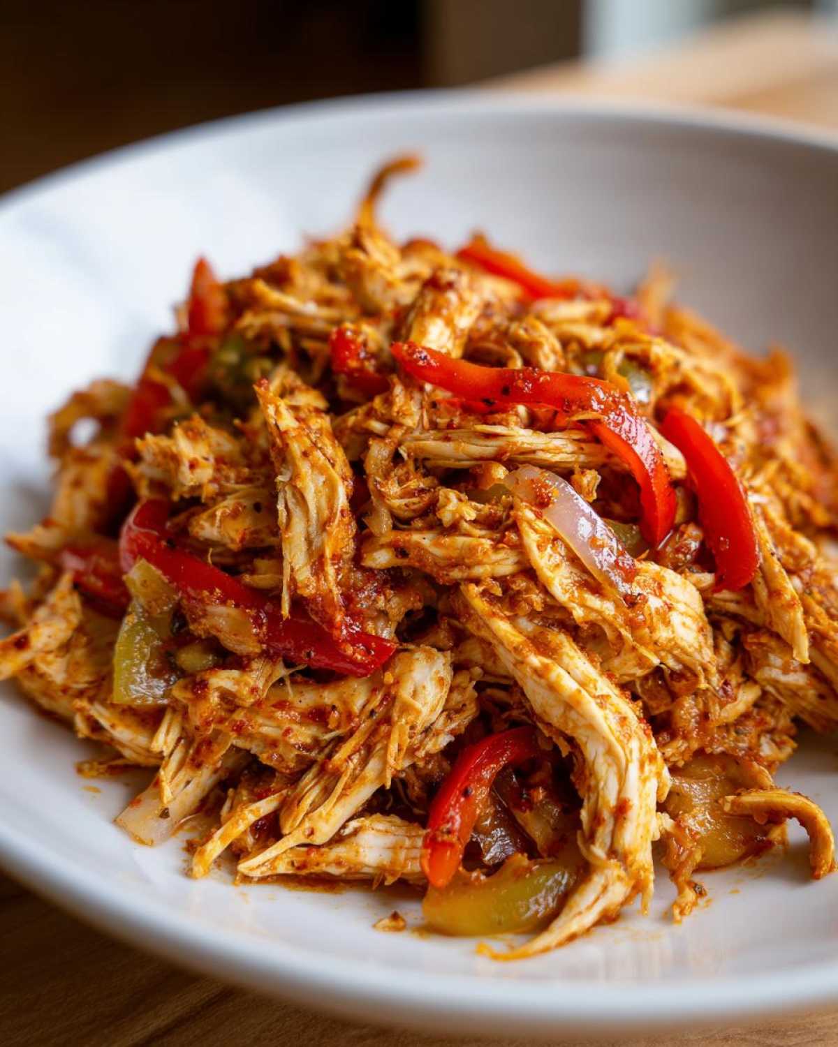 Close-up of shredded chicken mixed with red and green peppers, the filling for crockpot chicken fajitas.