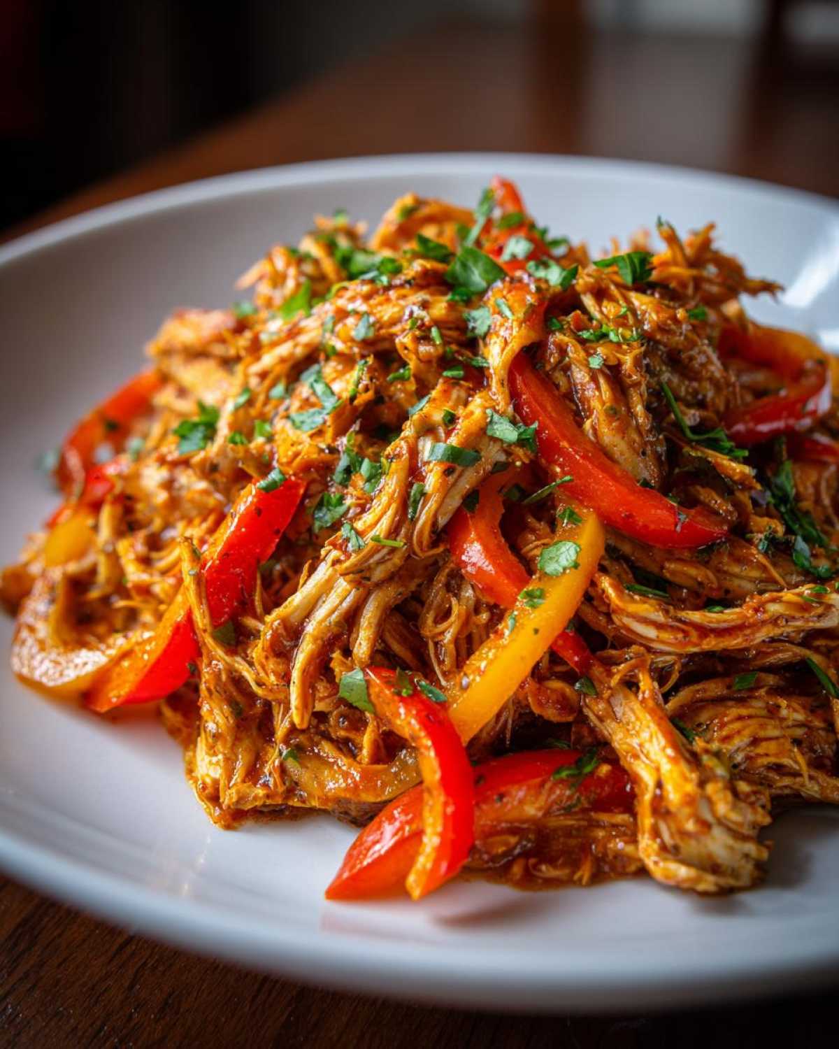 Close-up of shredded crockpot chicken fajitas mixed with red and yellow bell peppers, garnished with fresh cilantro.