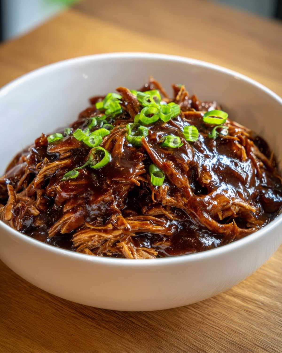 Close-up of shredded crockpot teriyaki chicken coated in dark sauce and topped with green onions.