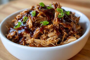 Close-up of shredded crockpot teriyaki chicken coated in thick sauce and topped with sliced green onions in a white bowl.