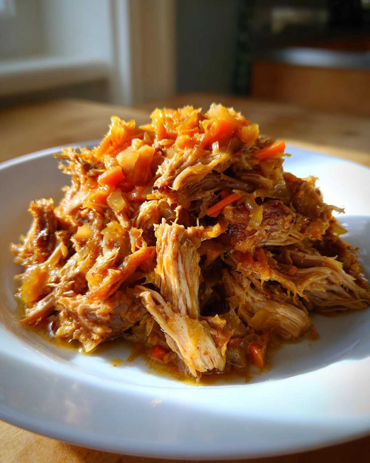 Close-up of tender, shredded pork and sauerkraut mixture served on a white plate, ready to eat.