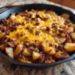 A cast iron skillet filled with Cheesy Taco Potatoes, featuring seasoned ground beef and melted cheddar cheese over roasted potato chunks.