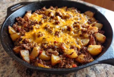 A cast iron skillet filled with Cheesy Taco Potatoes, featuring seasoned ground beef and melted cheddar cheese over roasted potato chunks.