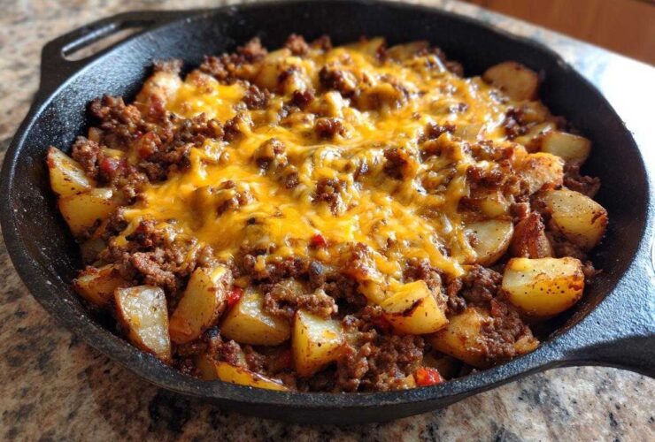 A cast iron skillet filled with Cheesy Taco Potatoes, featuring seasoned ground beef and melted cheddar cheese over roasted potato chunks.