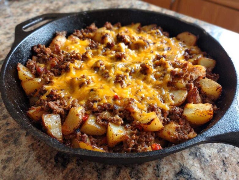 A cast iron skillet filled with Cheesy Taco Potatoes, featuring seasoned ground beef and melted cheddar cheese over roasted potato chunks.