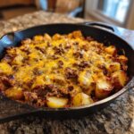 Close-up of Cheesy Taco Potatoes with seasoned ground beef and melted cheddar cheese in a cast iron skillet.