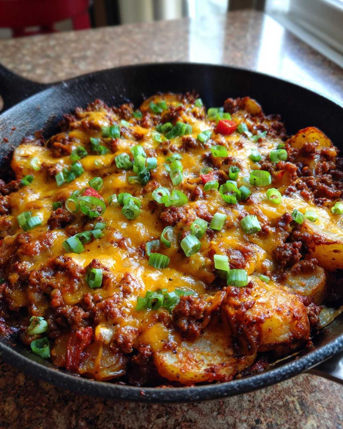 Close-up of Cheesy Taco Potatoes layered with seasoned ground meat, melted cheddar cheese, and topped with fresh green onions in a black skillet.