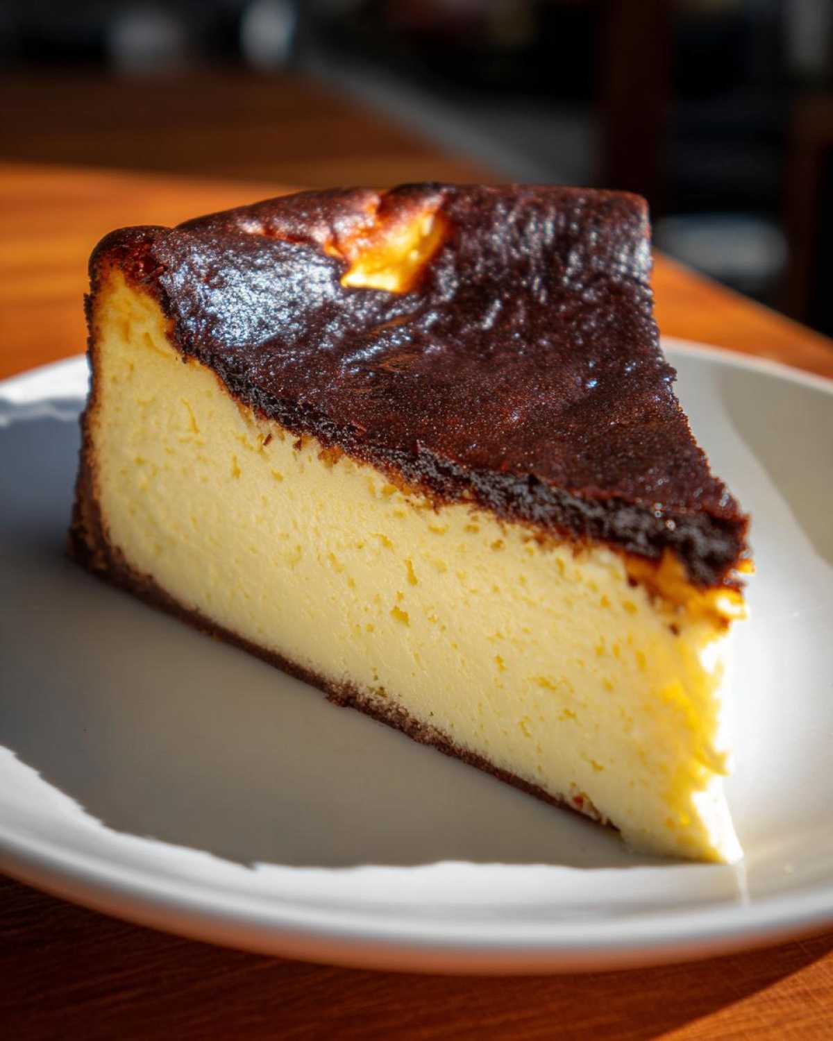 A thick slice of creamy Basque burnt cheesecake showing its signature dark, caramelized top.