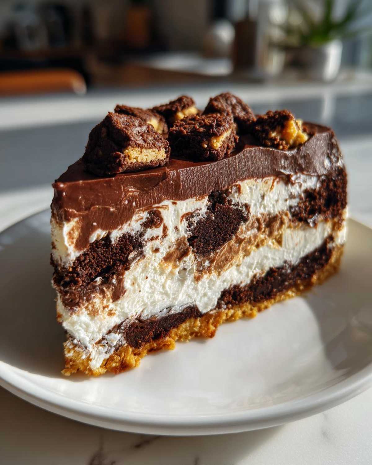 A decadent slice of brownie refrigerator cake showing multiple layers of chocolate, cream, and a crumb crust, topped with chocolate ganache.