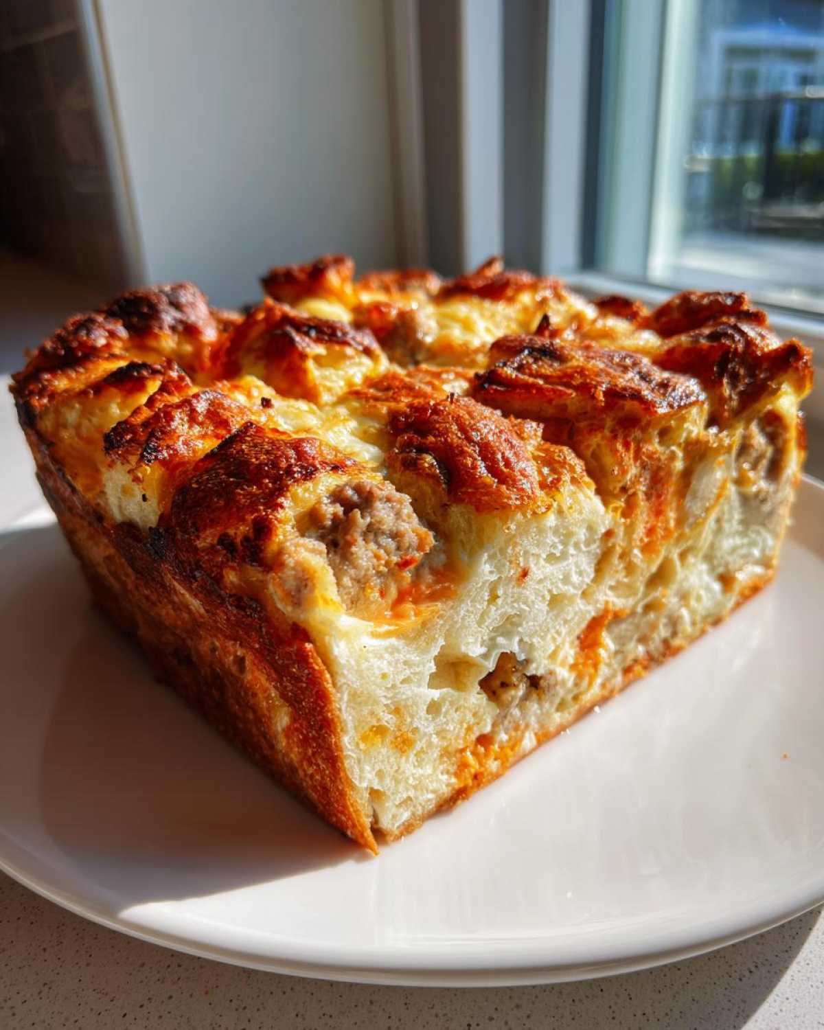 A thick, golden-brown slice of overnight christmas breakfast casserole featuring sausage and a cheesy top.