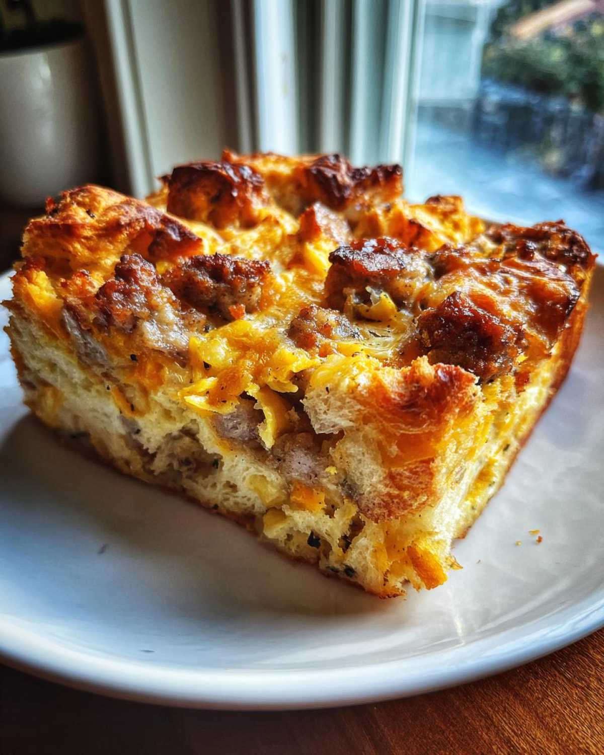 A thick, golden slice of christmas breakfast casserole featuring bread, cheese, and browned sausage pieces on a white plate.