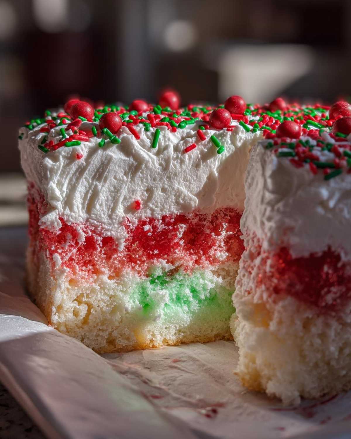 A slice of moist christmas poke cake showing red and green jello-soaked layers topped with white frosting and festive sprinkles.