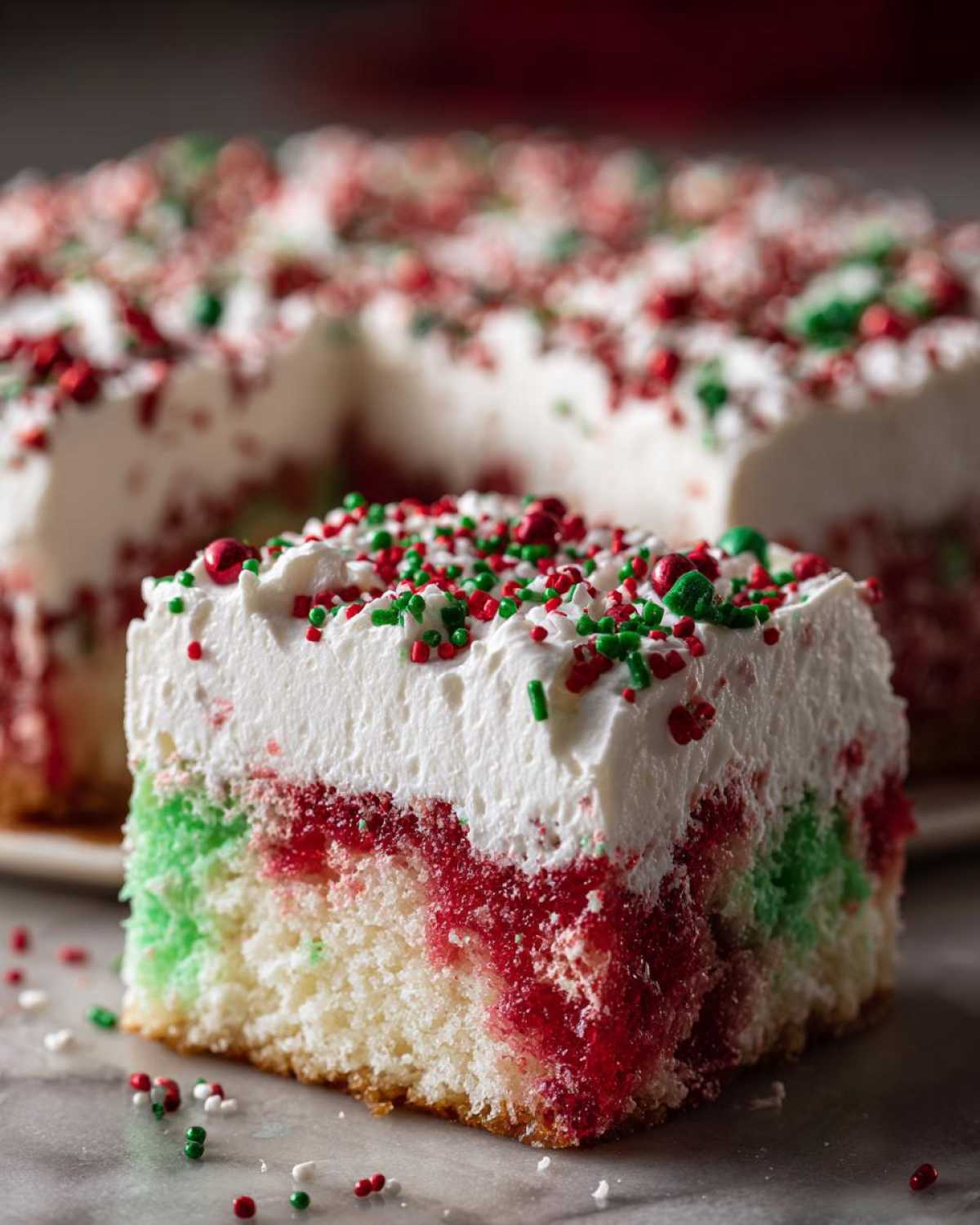 A close-up slice of moist christmas poke cake showing red and green soaked layers, topped with whipped cream and holiday sprinkles.
