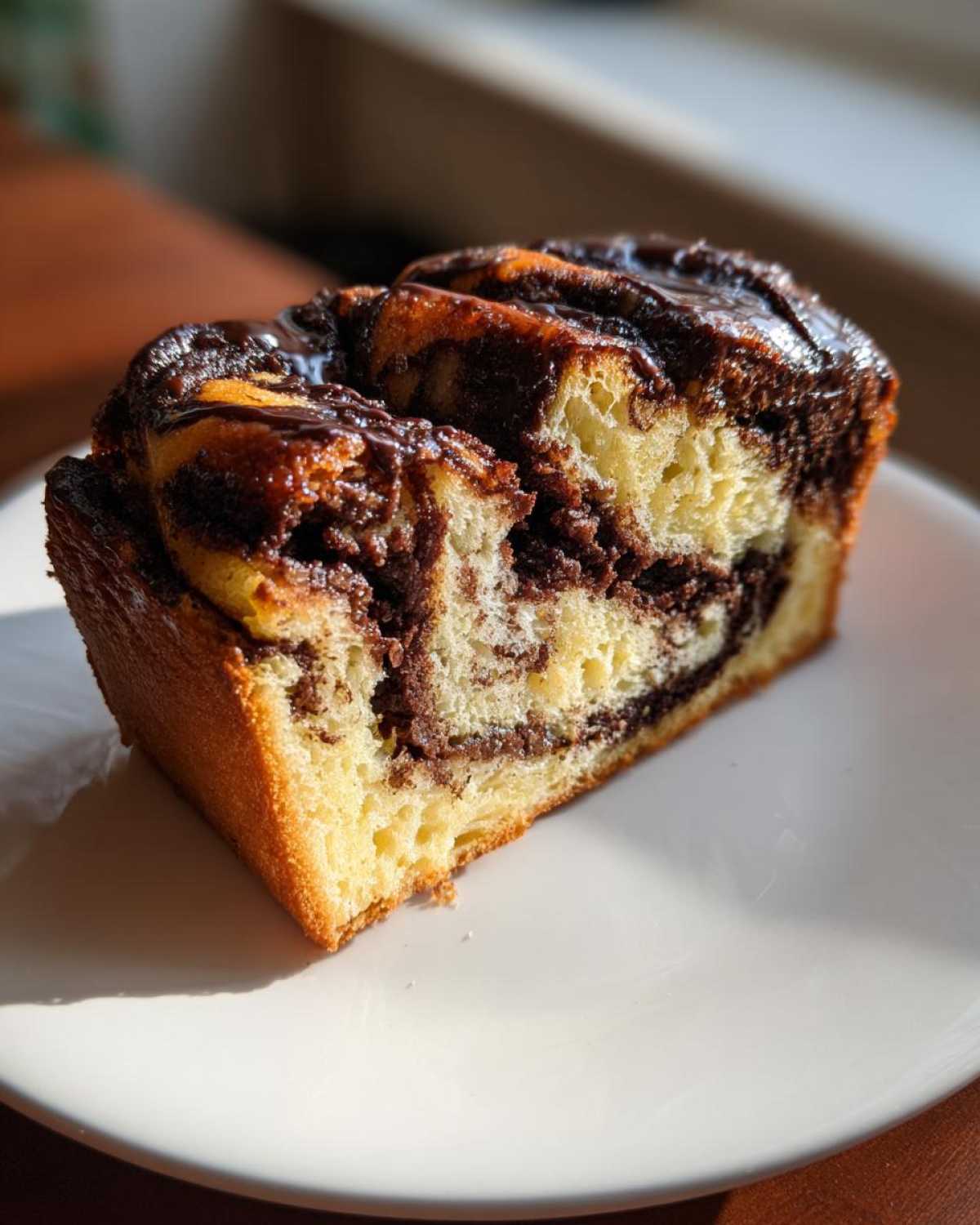 A close-up of a thick slice of moist chocolate babka showing rich chocolate swirls and a golden crust.