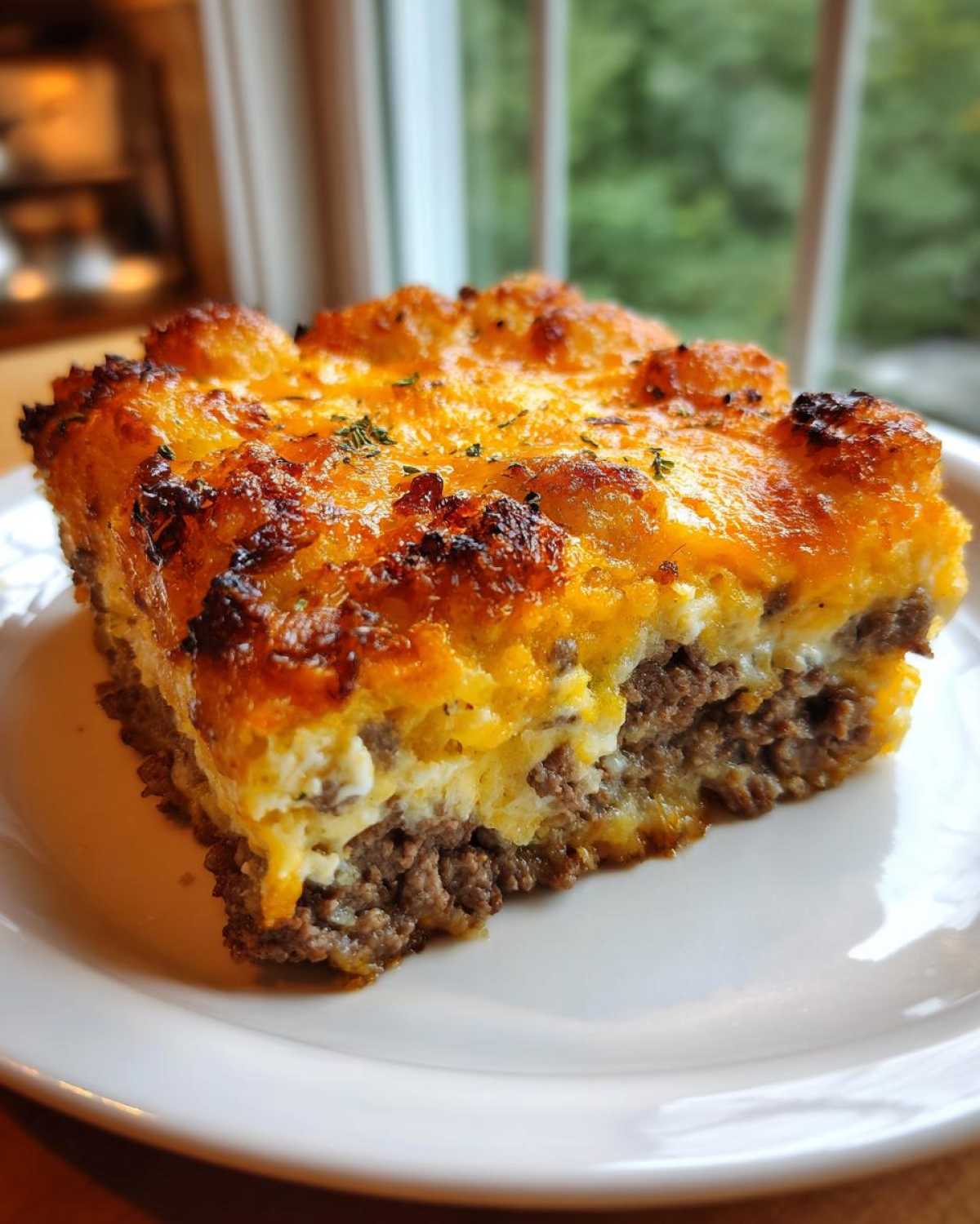 A square slice of tater tot casserole with a ground meat layer, creamy filling, and crispy, cheesy tater tot topping.