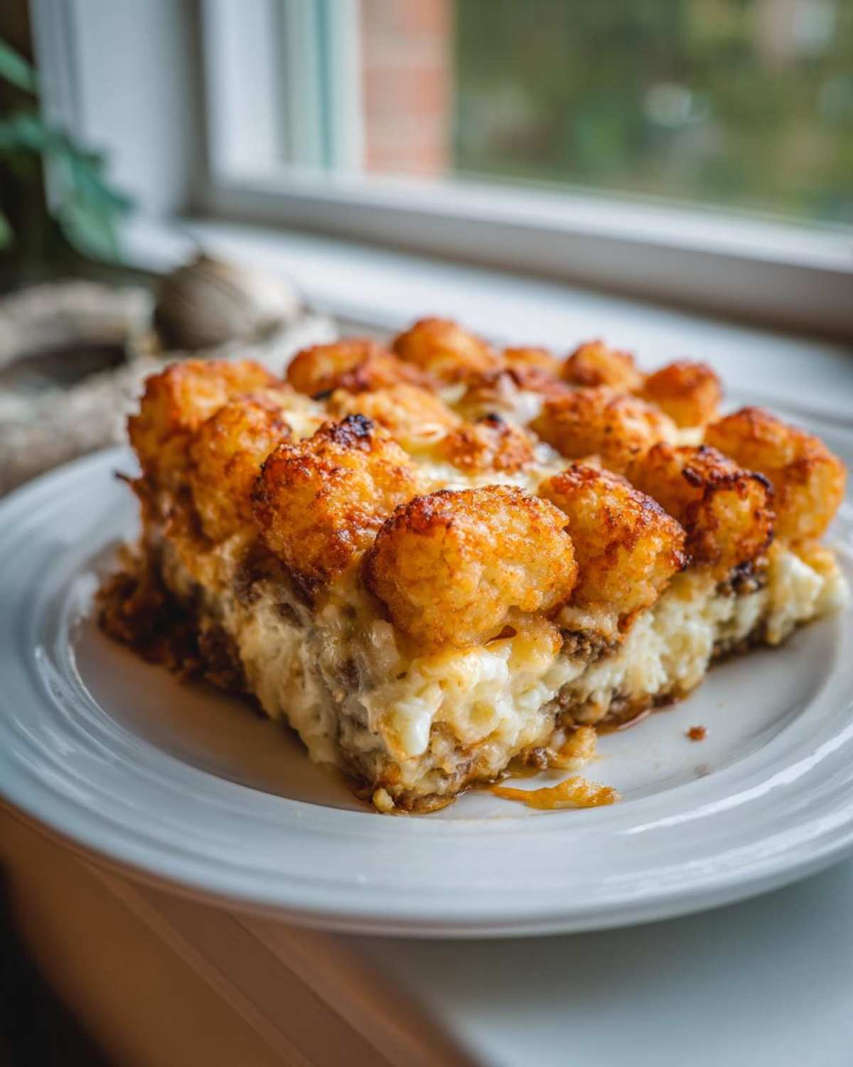 A hearty slice of tater tot casserole showing a crispy tater tot topping over a creamy, cheesy layer.