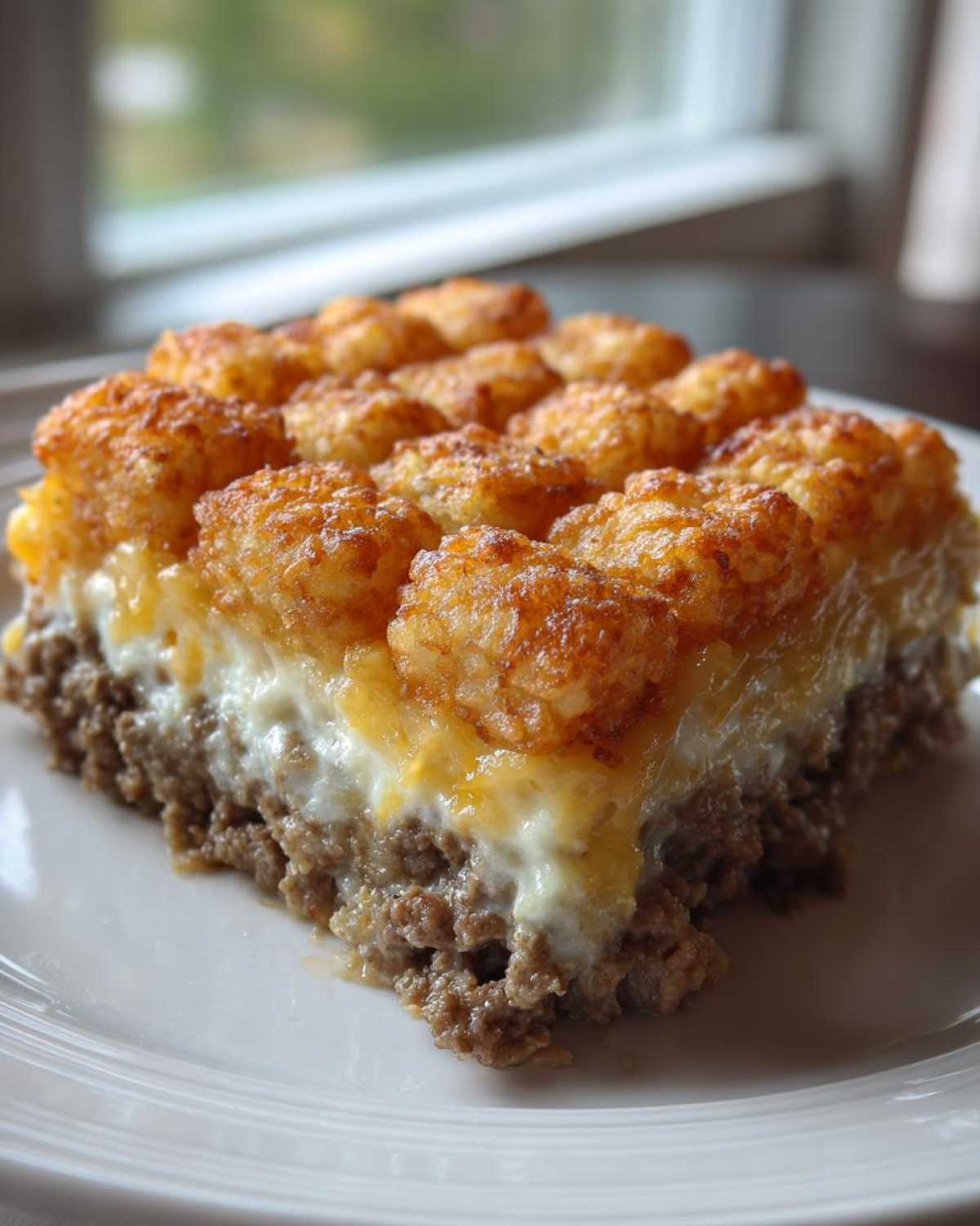 A square serving of tater tot casserole showing layers of ground meat, creamy sauce, cheese, and a crispy tater tot topping.