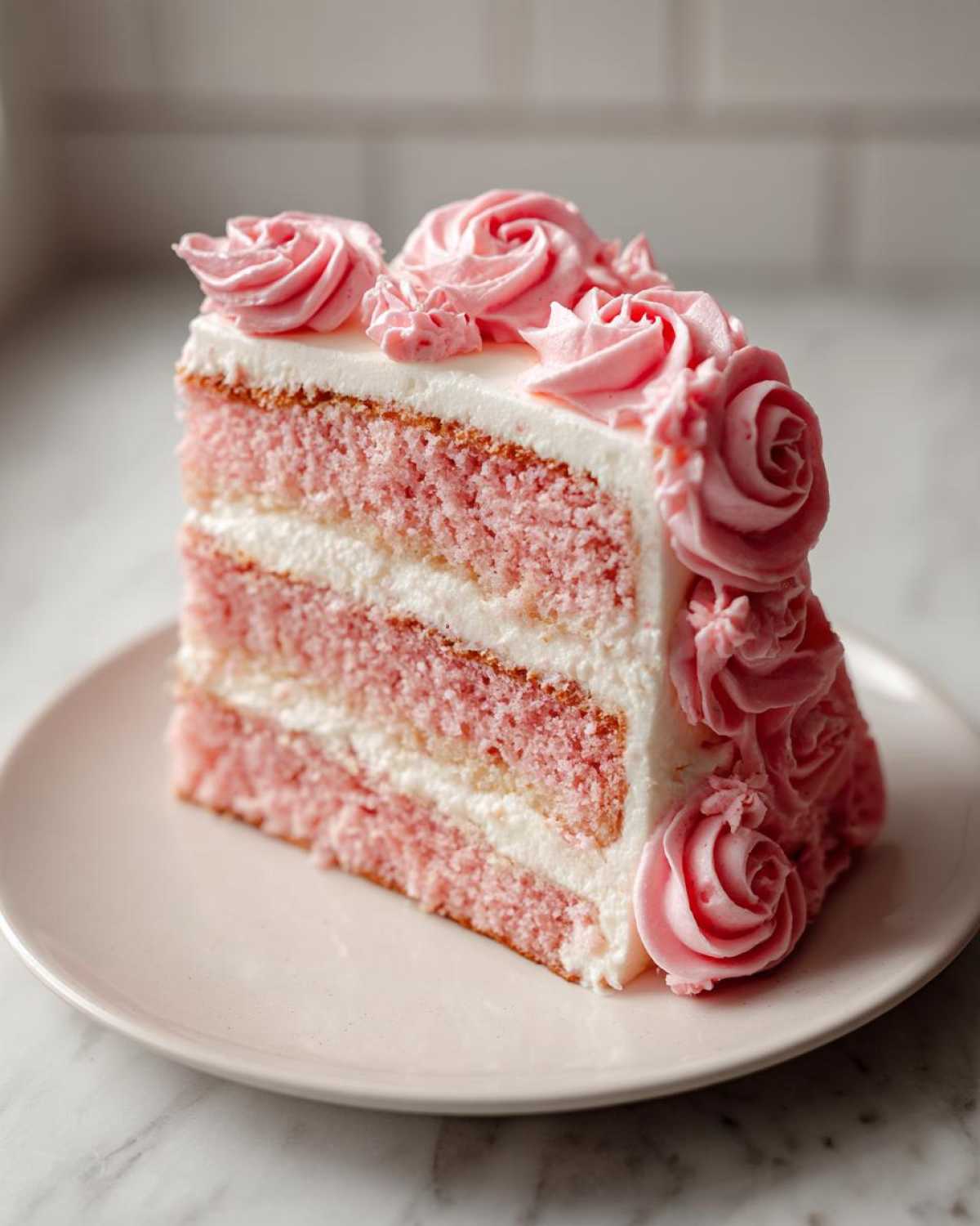 A decadent slice of pink layer rose cake with white frosting and piped pink buttercream roses.