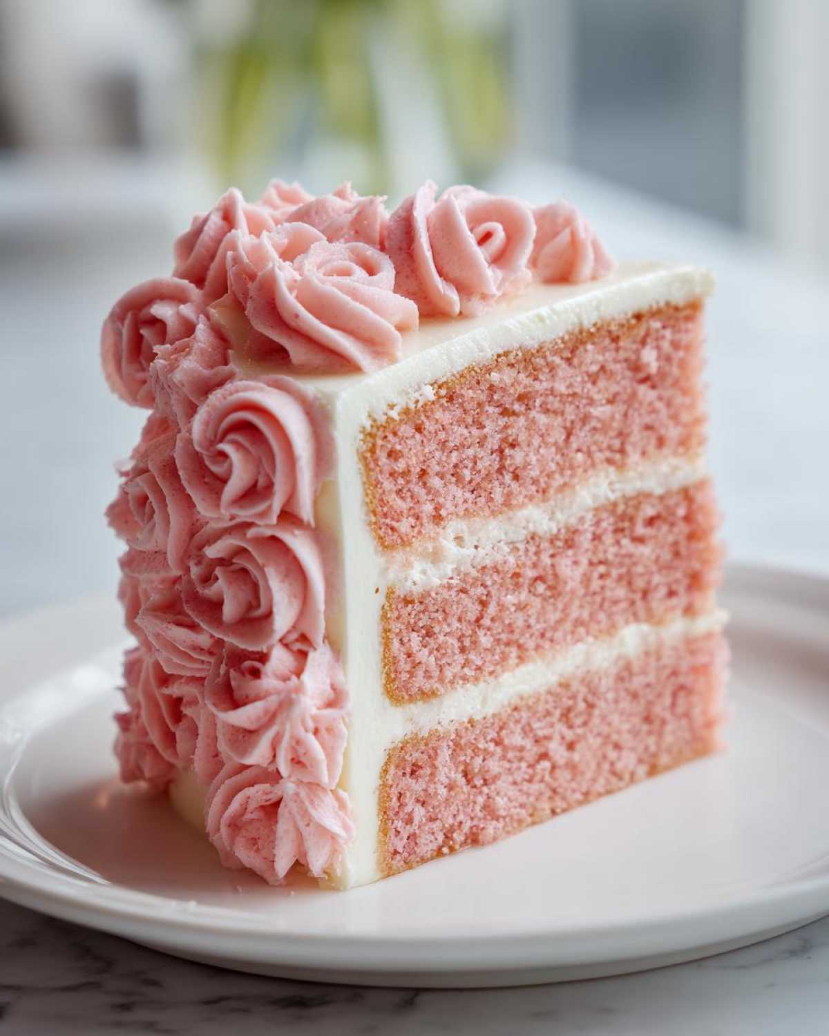 A tall slice of pink layer rose cake with white frosting and decorative pink buttercream roses on the side.