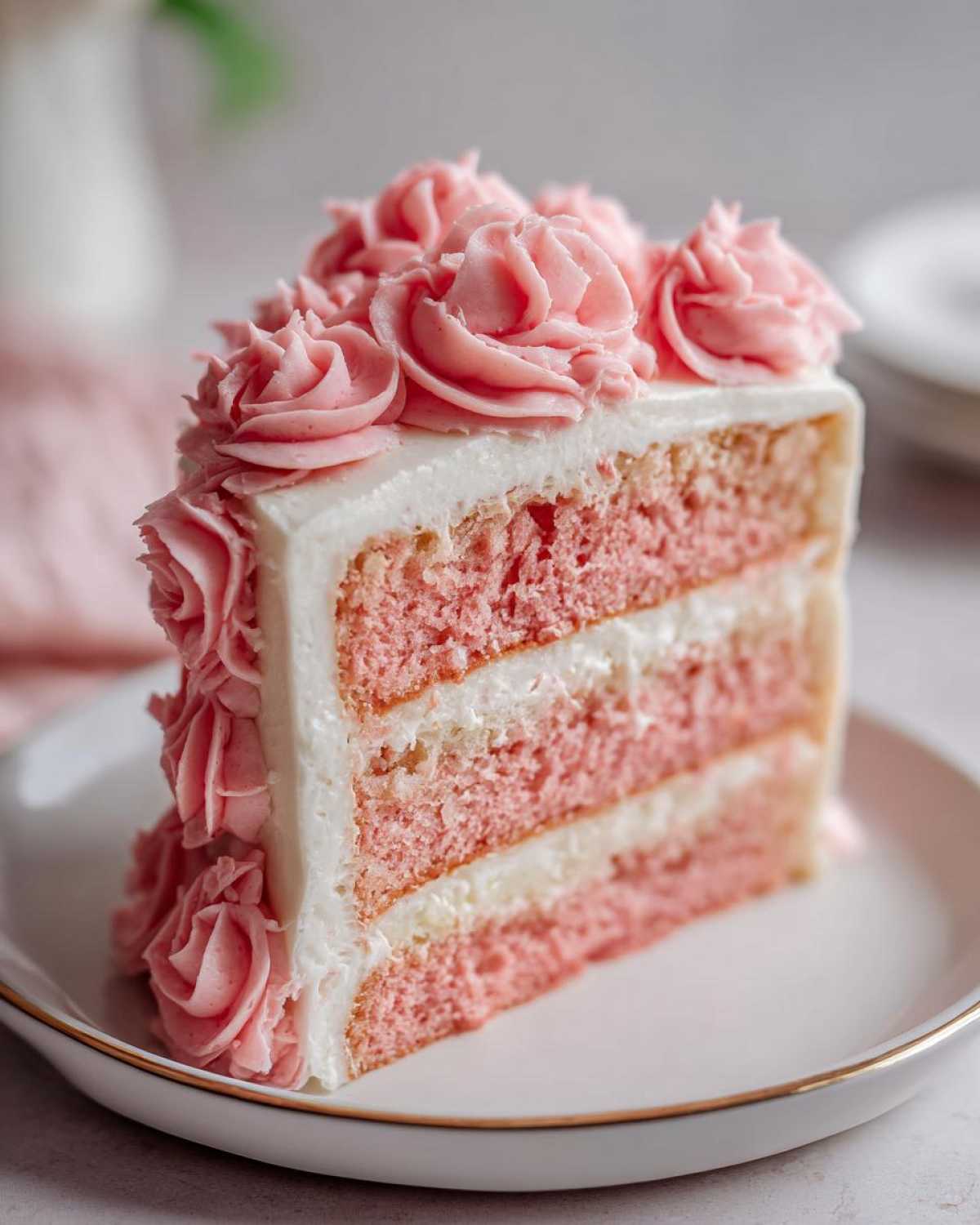 A tall slice of pink layer rose cake with white frosting and piped pink buttercream roses on top and side.