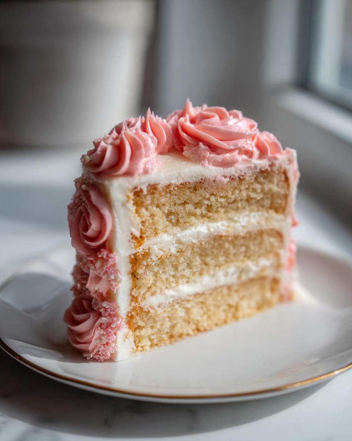 A close-up view of a slice of layered rose cake featuring pink frosting roses and white filling.