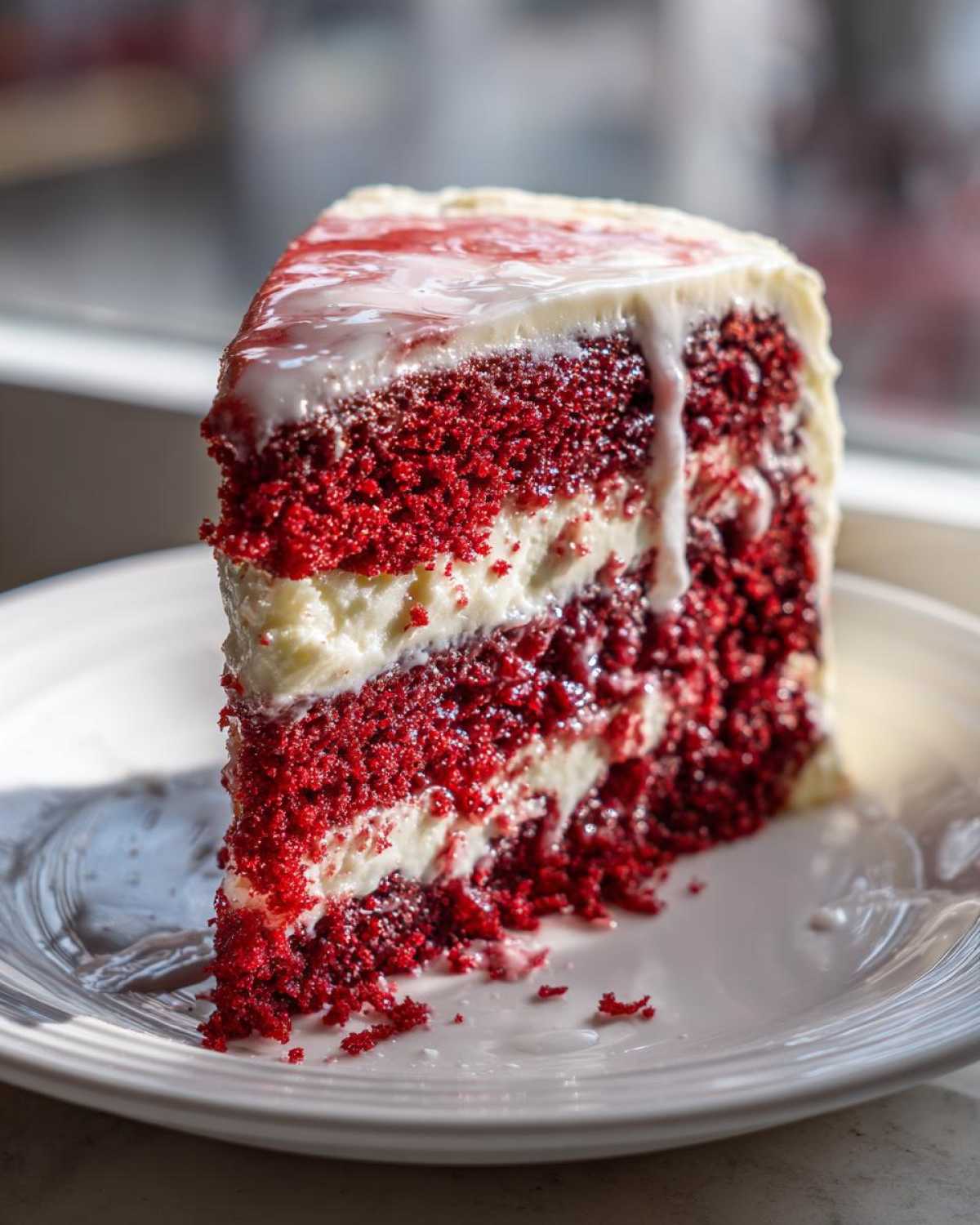 Close-up of a tall slice of red velvet poke cake layered with white frosting and drizzled with glaze.