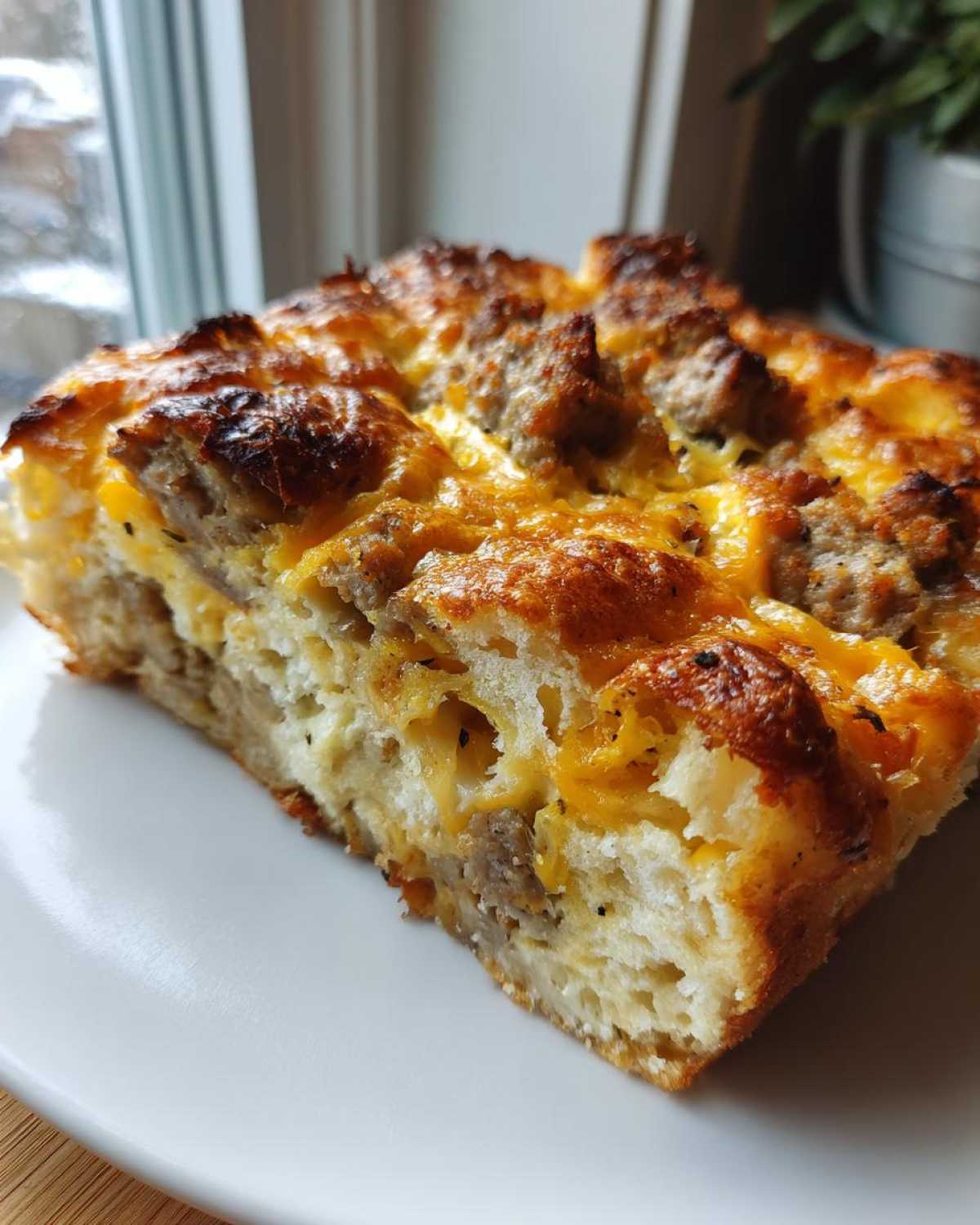 A close-up of a square slice of cheesy christmas breakfast casserole featuring sausage and a golden-brown baked top.
