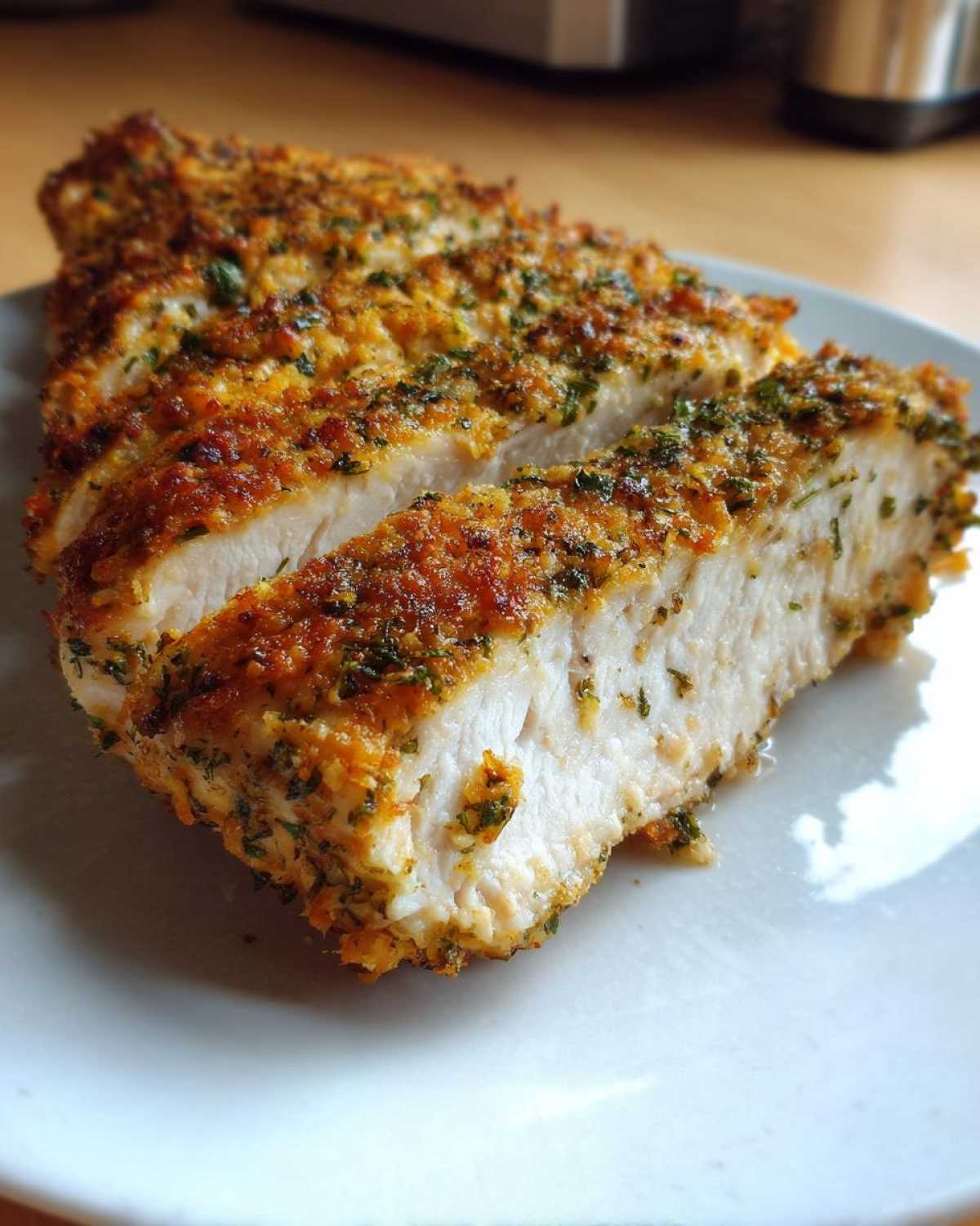 Close-up of sliced baked ranch chicken showing juicy white meat and a golden, herby crust.
