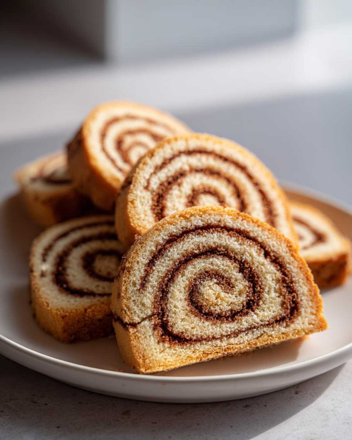A stack of freshly cut pinwheel cookies showing a distinct chocolate swirl pattern on a white plate.