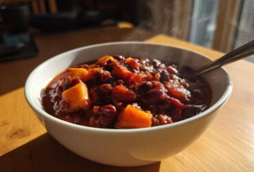A steaming white bowl filled with rich, dark black bean chili featuring chunks of orange squash, sitting on a wooden table.