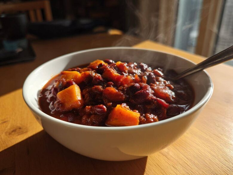 A steaming white bowl filled with rich, dark black bean chili featuring chunks of orange squash, sitting on a wooden table.