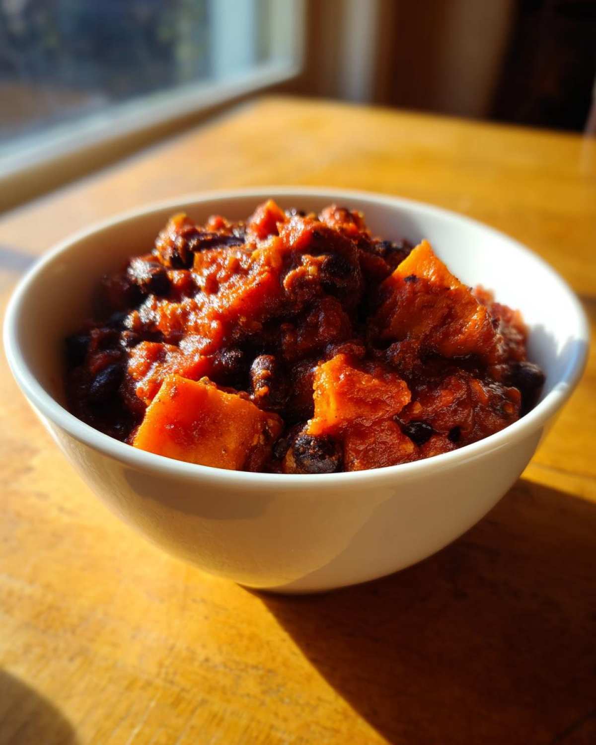 A close-up of a white bowl filled with smoky black bean chili featuring visible chunks of sweet potato.