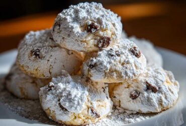 A close-up stack of soft cannoli cookies heavily dusted with powdered sugar and containing visible raisins.