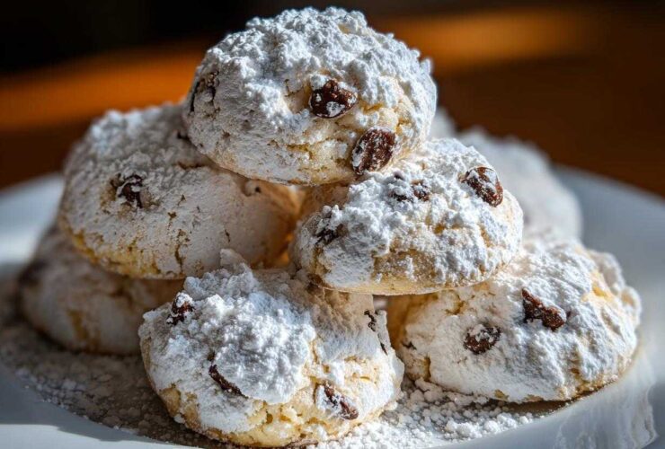 A close-up stack of soft cannoli cookies heavily dusted with powdered sugar and containing visible raisins.