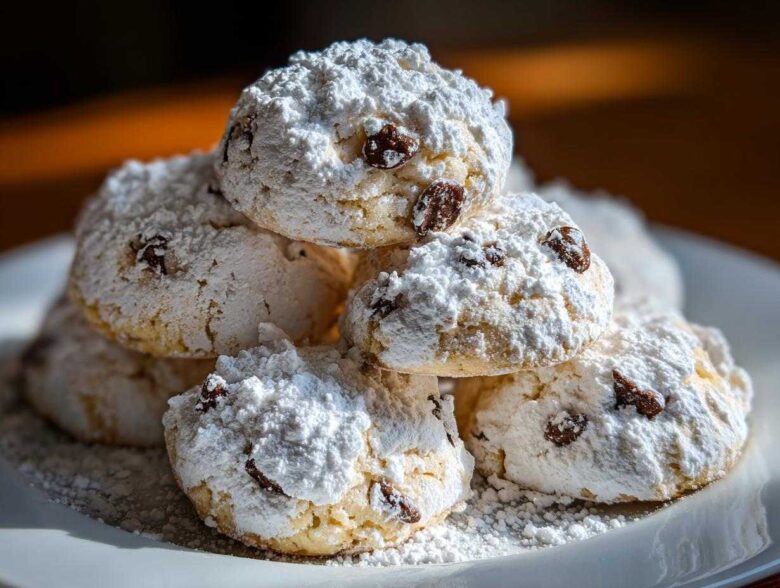 A close-up stack of soft cannoli cookies heavily dusted with powdered sugar and containing visible raisins.